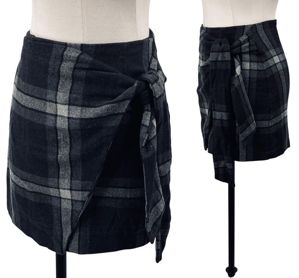 Aritzia Wilfred Dorine Wool Plaid Mini Skirt Wrap Tie Front Black Gray Womens 0
